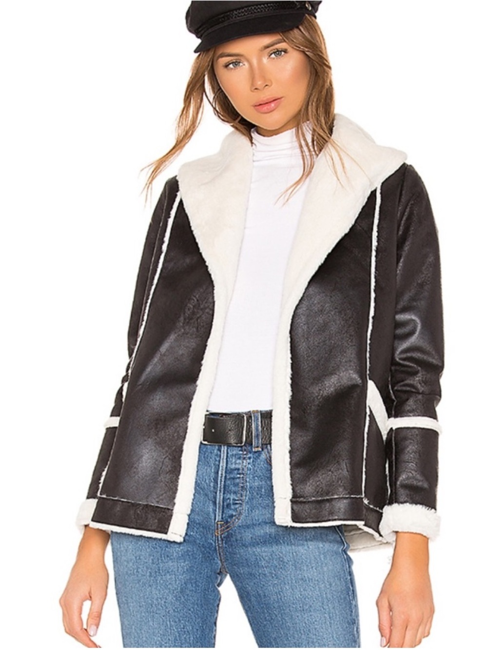 Chaser Faux Fur Lined Suede Open Front Jacket in Black & White Womens Size Small